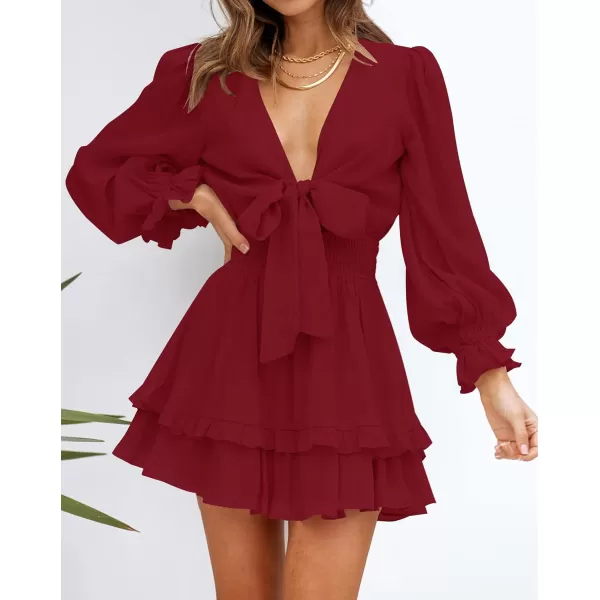 imageZESICA Womens Sexy Deep V Neck Knot Front Long Sleeve Smocked Wiast Ruffle Tiered Swing Mini Skater DressDarkred