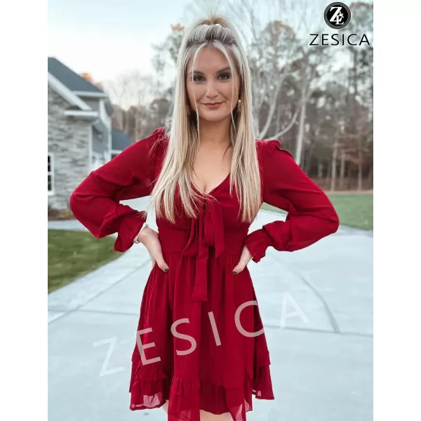 imageZESICA Womens Sexy Deep V Neck Knot Front Long Sleeve Smocked Wiast Ruffle Tiered Swing Mini Skater DressDarkred