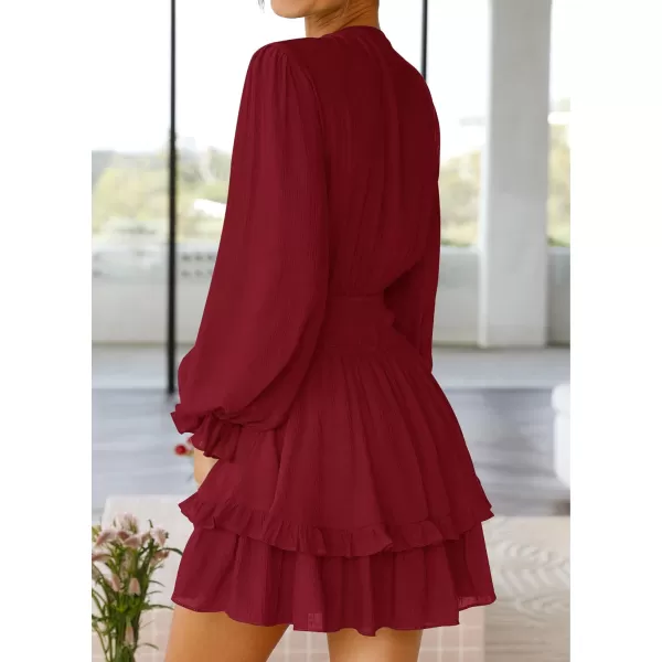 imageZESICA Womens Sexy Deep V Neck Knot Front Long Sleeve Smocked Wiast Ruffle Tiered Swing Mini Skater DressDarkred