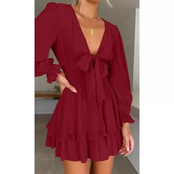 imageZESICA Womens Sexy Deep V Neck Knot Front Long Sleeve Smocked Wiast Ruffle Tiered Swing Mini Skater DressDarkred