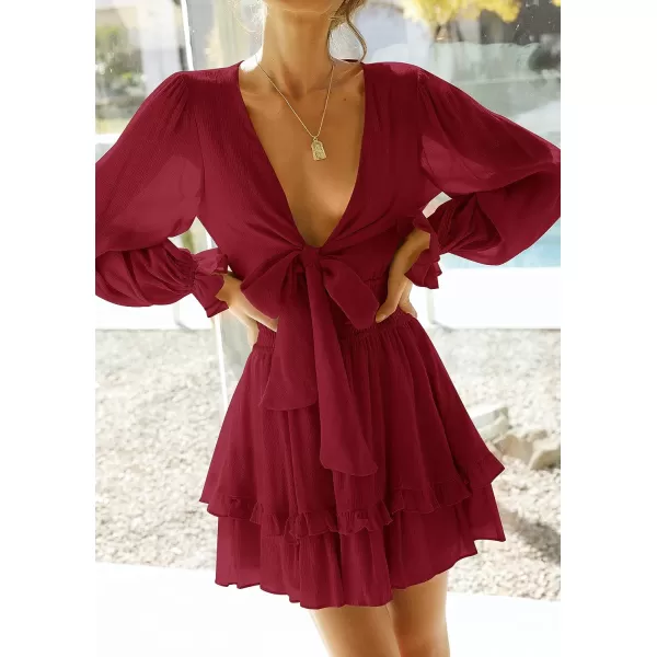 imageZESICA Womens Sexy Deep V Neck Knot Front Long Sleeve Smocked Wiast Ruffle Tiered Swing Mini Skater DressDarkred