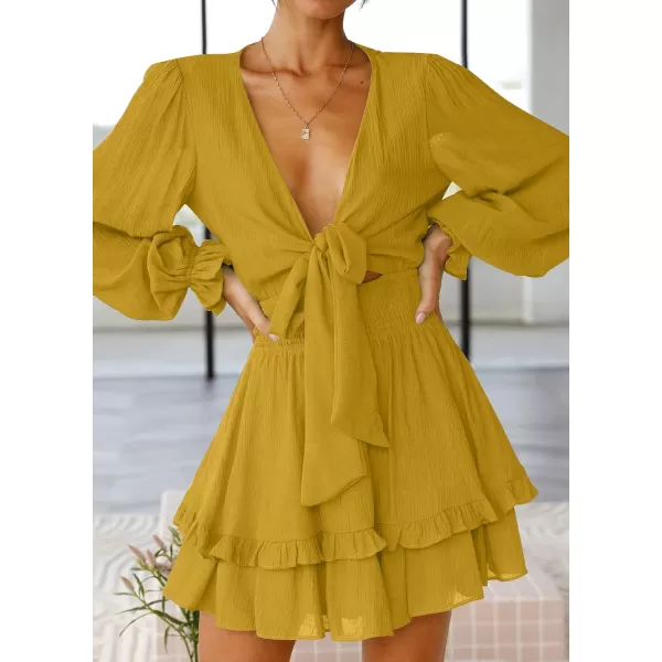 imageZESICA Womens Sexy Deep V Neck Knot Front Long Sleeve Smocked Wiast Ruffle Tiered Swing Mini Skater DressGinger