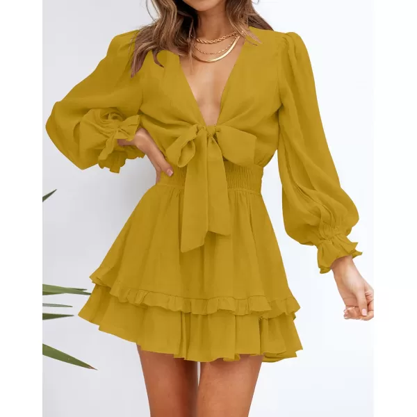imageZESICA Womens Sexy Deep V Neck Knot Front Long Sleeve Smocked Wiast Ruffle Tiered Swing Mini Skater DressGinger