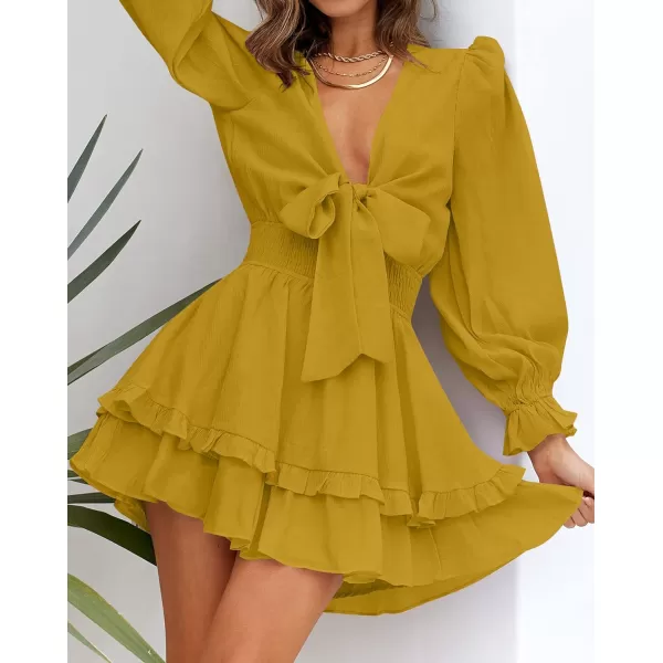imageZESICA Womens Sexy Deep V Neck Knot Front Long Sleeve Smocked Wiast Ruffle Tiered Swing Mini Skater DressGinger