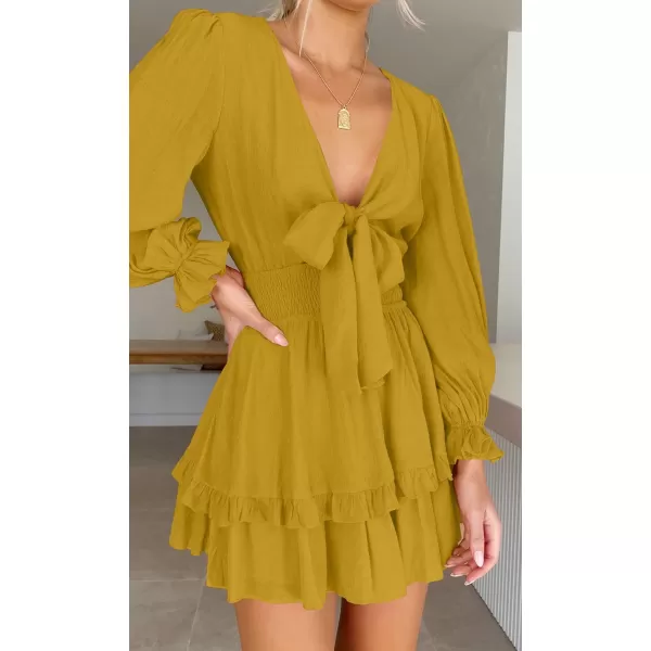 imageZESICA Womens Sexy Deep V Neck Knot Front Long Sleeve Smocked Wiast Ruffle Tiered Swing Mini Skater DressGinger