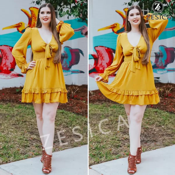 imageZESICA Womens Sexy Deep V Neck Knot Front Long Sleeve Smocked Wiast Ruffle Tiered Swing Mini Skater DressGinger