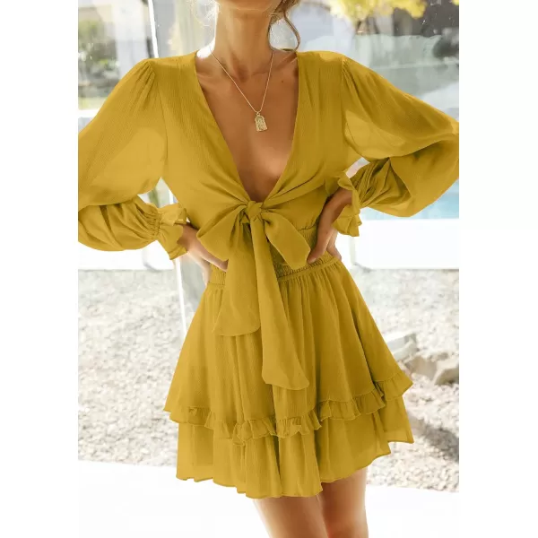 imageZESICA Womens Sexy Deep V Neck Knot Front Long Sleeve Smocked Wiast Ruffle Tiered Swing Mini Skater DressGinger