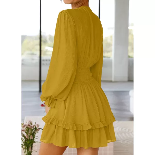 imageZESICA Womens Sexy Deep V Neck Knot Front Long Sleeve Smocked Wiast Ruffle Tiered Swing Mini Skater DressGinger