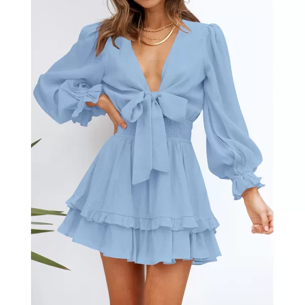 imageZESICA Womens Sexy Deep V Neck Knot Front Long Sleeve Smocked Wiast Ruffle Tiered Swing Mini Skater DressLightblue