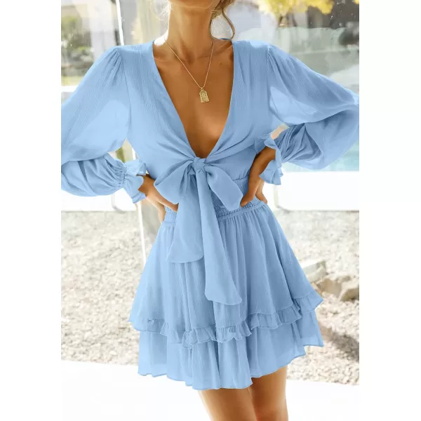 imageZESICA Womens Sexy Deep V Neck Knot Front Long Sleeve Smocked Wiast Ruffle Tiered Swing Mini Skater DressLightblue