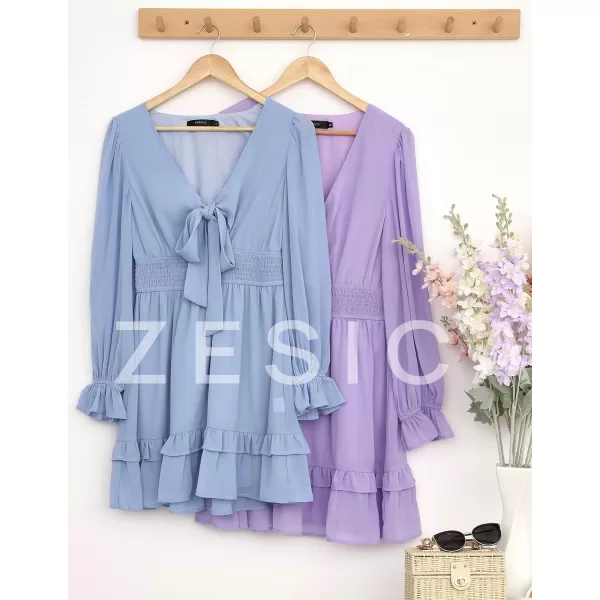imageZESICA Womens Sexy Deep V Neck Knot Front Long Sleeve Smocked Wiast Ruffle Tiered Swing Mini Skater DressLightblue