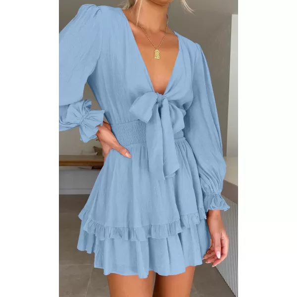 imageZESICA Womens Sexy Deep V Neck Knot Front Long Sleeve Smocked Wiast Ruffle Tiered Swing Mini Skater DressLightblue