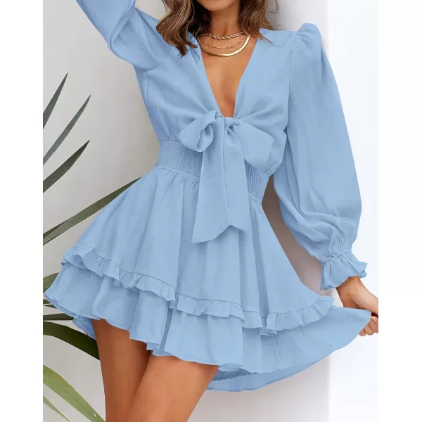 imageZESICA Womens Sexy Deep V Neck Knot Front Long Sleeve Smocked Wiast Ruffle Tiered Swing Mini Skater DressLightblue