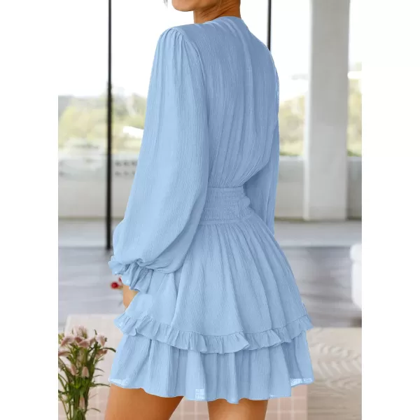 imageZESICA Womens Sexy Deep V Neck Knot Front Long Sleeve Smocked Wiast Ruffle Tiered Swing Mini Skater DressLightblue
