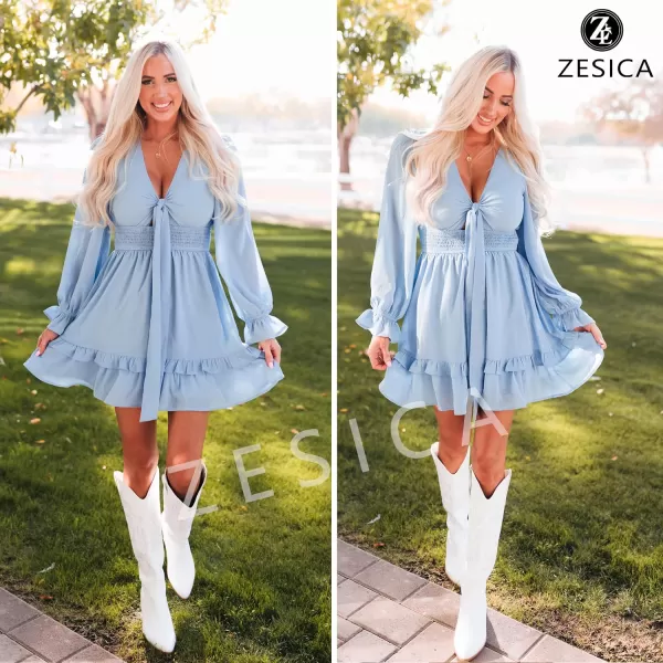 imageZESICA Womens Sexy Deep V Neck Knot Front Long Sleeve Smocked Wiast Ruffle Tiered Swing Mini Skater DressLightblue