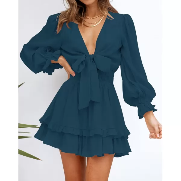 imageZESICA Womens Sexy Deep V Neck Knot Front Long Sleeve Smocked Wiast Ruffle Tiered Swing Mini Skater DressNavy