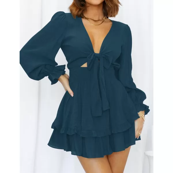 imageZESICA Womens Sexy Deep V Neck Knot Front Long Sleeve Smocked Wiast Ruffle Tiered Swing Mini Skater DressNavy