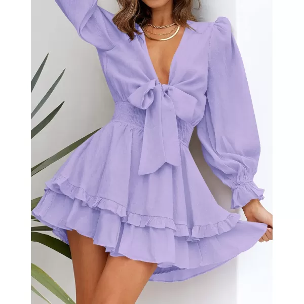imageZESICA Womens Sexy Deep V Neck Knot Front Long Sleeve Smocked Wiast Ruffle Tiered Swing Mini Skater DressPurple