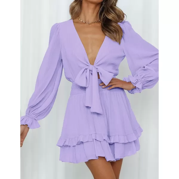imageZESICA Womens Sexy Deep V Neck Knot Front Long Sleeve Smocked Wiast Ruffle Tiered Swing Mini Skater DressPurple