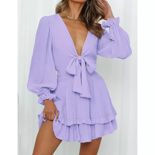 imageZESICA Womens Sexy Deep V Neck Knot Front Long Sleeve Smocked Wiast Ruffle Tiered Swing Mini Skater DressPurple