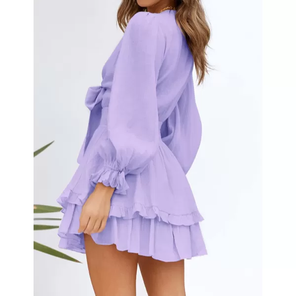 imageZESICA Womens Sexy Deep V Neck Knot Front Long Sleeve Smocked Wiast Ruffle Tiered Swing Mini Skater DressPurple