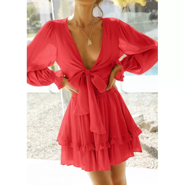 imageZESICA Womens Sexy Deep V Neck Knot Front Long Sleeve Smocked Wiast Ruffle Tiered Swing Mini Skater DressRed