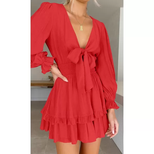 imageZESICA Womens Sexy Deep V Neck Knot Front Long Sleeve Smocked Wiast Ruffle Tiered Swing Mini Skater DressRed