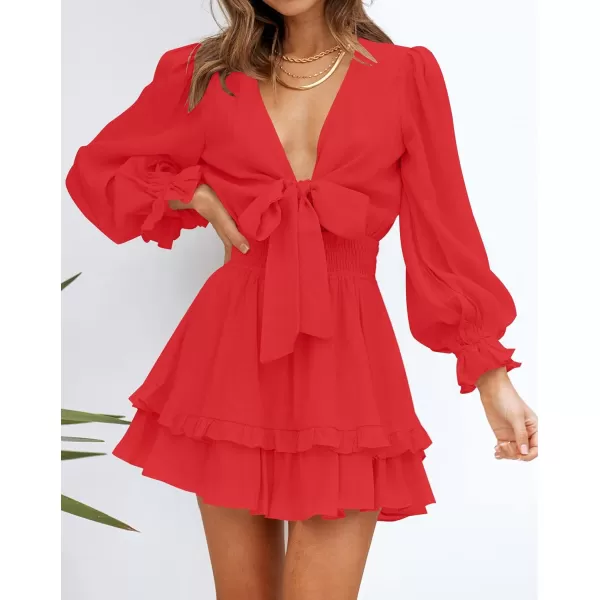 imageZESICA Womens Sexy Deep V Neck Knot Front Long Sleeve Smocked Wiast Ruffle Tiered Swing Mini Skater DressRed