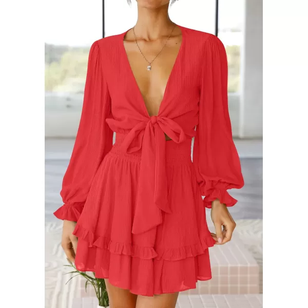 imageZESICA Womens Sexy Deep V Neck Knot Front Long Sleeve Smocked Wiast Ruffle Tiered Swing Mini Skater DressRed