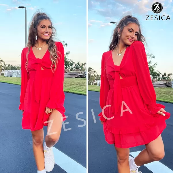 imageZESICA Womens Sexy Deep V Neck Knot Front Long Sleeve Smocked Wiast Ruffle Tiered Swing Mini Skater DressRed