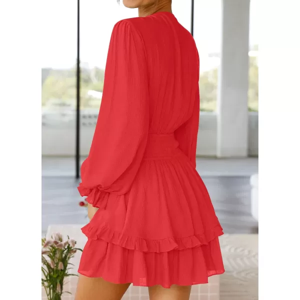 imageZESICA Womens Sexy Deep V Neck Knot Front Long Sleeve Smocked Wiast Ruffle Tiered Swing Mini Skater DressRed