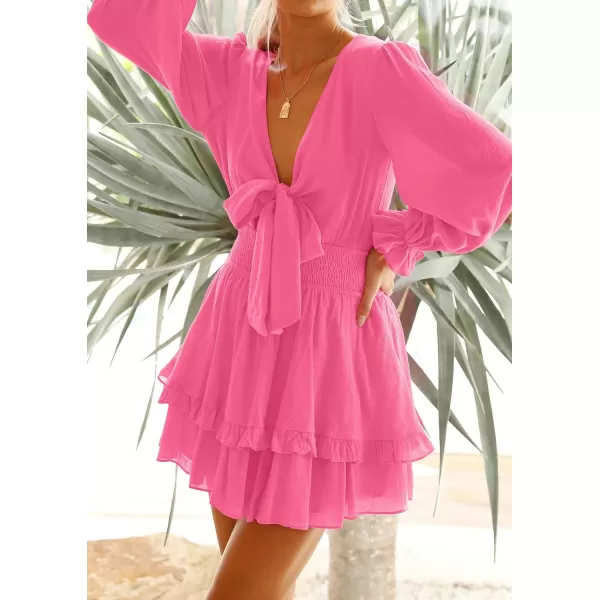imageZESICA Womens Sexy Deep V Neck Knot Front Long Sleeve Smocked Wiast Ruffle Tiered Swing Mini Skater DressRose