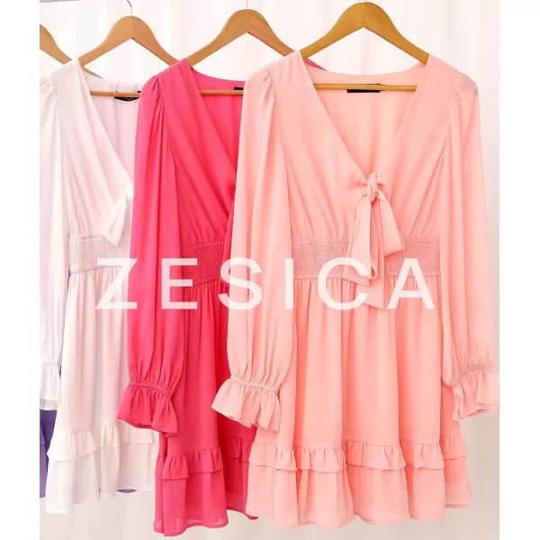 imageZESICA Womens Sexy Deep V Neck Knot Front Long Sleeve Smocked Wiast Ruffle Tiered Swing Mini Skater DressRose