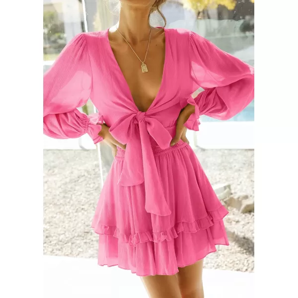 imageZESICA Womens Sexy Deep V Neck Knot Front Long Sleeve Smocked Wiast Ruffle Tiered Swing Mini Skater DressRose