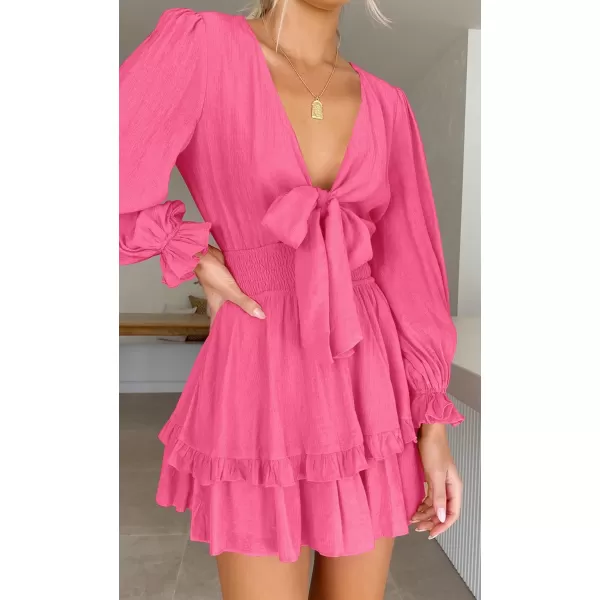 imageZESICA Womens Sexy Deep V Neck Knot Front Long Sleeve Smocked Wiast Ruffle Tiered Swing Mini Skater DressRose