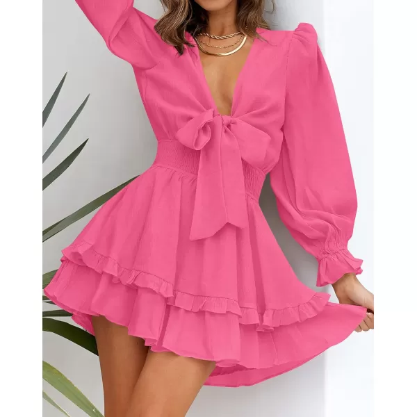 imageZESICA Womens Sexy Deep V Neck Knot Front Long Sleeve Smocked Wiast Ruffle Tiered Swing Mini Skater DressRose