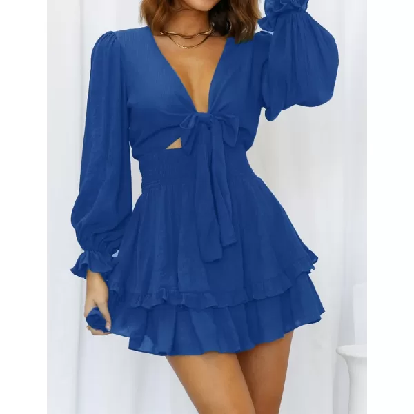 imageZESICA Womens Sexy Deep V Neck Knot Front Long Sleeve Smocked Wiast Ruffle Tiered Swing Mini Skater DressRoyalblue
