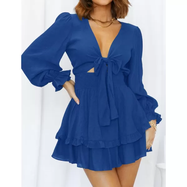 imageZESICA Womens Sexy Deep V Neck Knot Front Long Sleeve Smocked Wiast Ruffle Tiered Swing Mini Skater DressRoyalblue