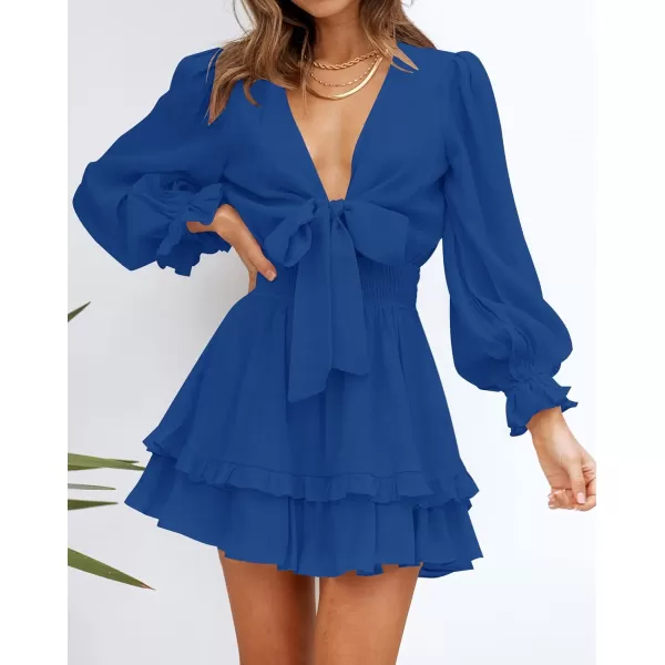 imageZESICA Womens Sexy Deep V Neck Knot Front Long Sleeve Smocked Wiast Ruffle Tiered Swing Mini Skater DressRoyalblue