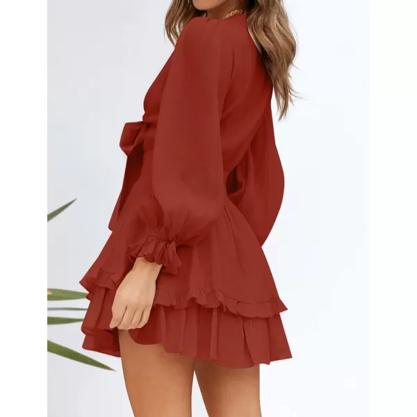 imageZESICA Womens Sexy Deep V Neck Knot Front Long Sleeve Smocked Wiast Ruffle Tiered Swing Mini Skater DressRust