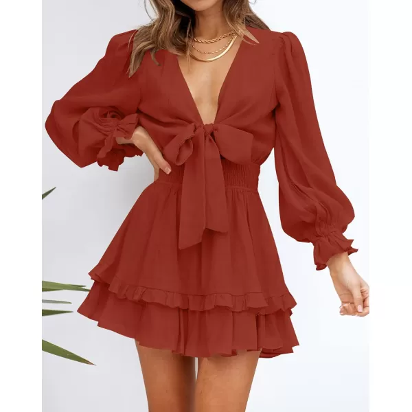 imageZESICA Womens Sexy Deep V Neck Knot Front Long Sleeve Smocked Wiast Ruffle Tiered Swing Mini Skater DressRust