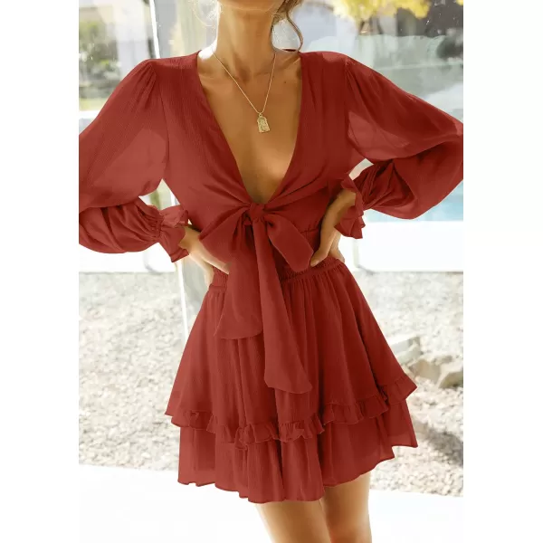 imageZESICA Womens Sexy Deep V Neck Knot Front Long Sleeve Smocked Wiast Ruffle Tiered Swing Mini Skater DressRust
