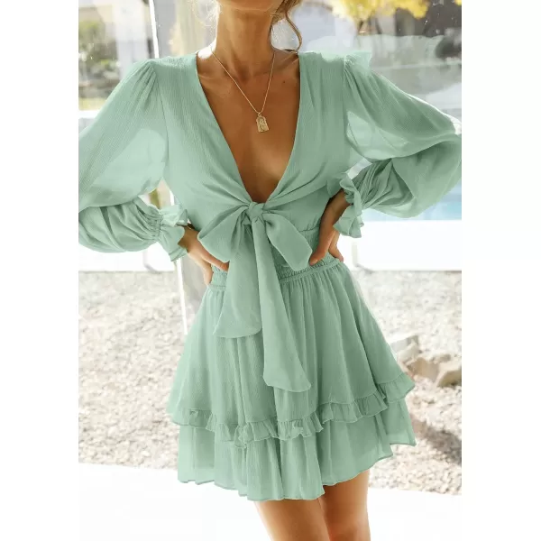 imageZESICA Womens Sexy Deep V Neck Knot Front Long Sleeve Smocked Wiast Ruffle Tiered Swing Mini Skater DressSage