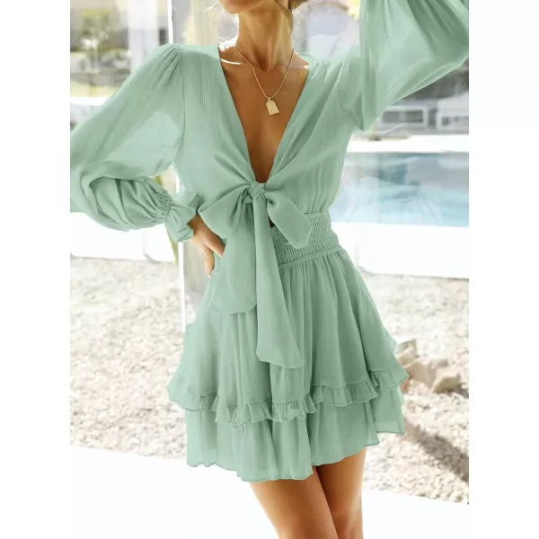 imageZESICA Womens Sexy Deep V Neck Knot Front Long Sleeve Smocked Wiast Ruffle Tiered Swing Mini Skater DressSage