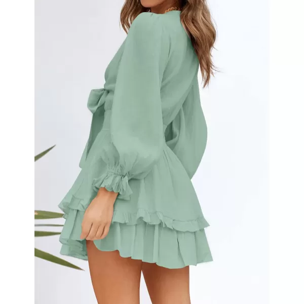 imageZESICA Womens Sexy Deep V Neck Knot Front Long Sleeve Smocked Wiast Ruffle Tiered Swing Mini Skater DressSage