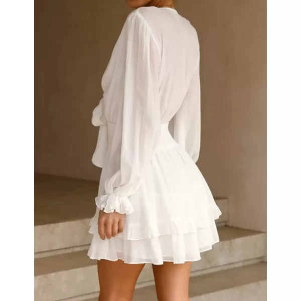imageZESICA Womens Sexy Deep V Neck Knot Front Long Sleeve Smocked Wiast Ruffle Tiered Swing Mini Skater DressWhite