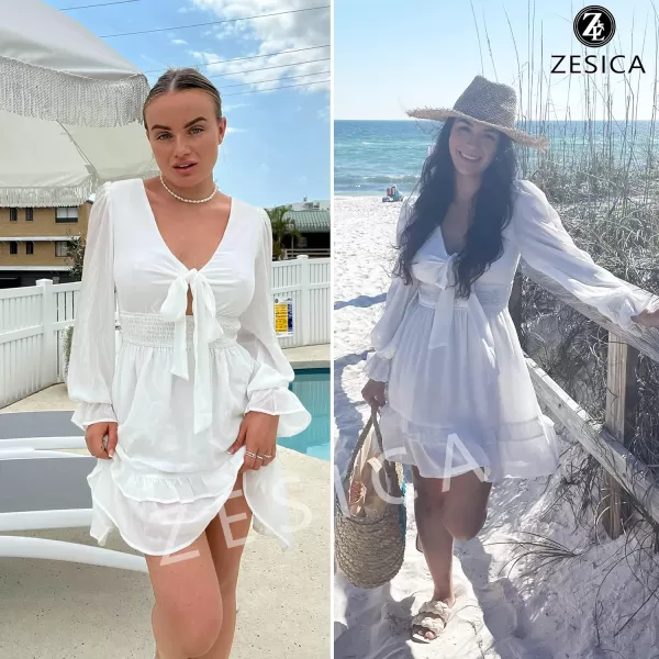 imageZESICA Womens Sexy Deep V Neck Knot Front Long Sleeve Smocked Wiast Ruffle Tiered Swing Mini Skater DressWhite