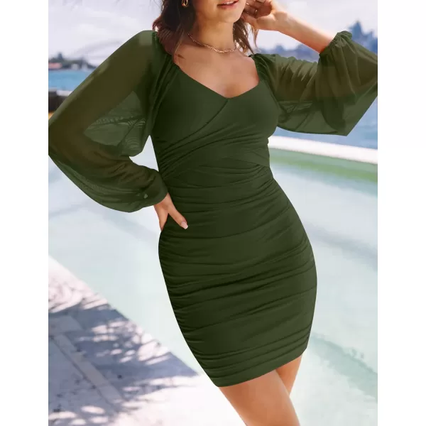 imageZESICA Womens Sexy V Neck Ruched Bodycon Mini Dress Puff Long Sleeve Cocktail Wedding Party Short DressesArmygreen