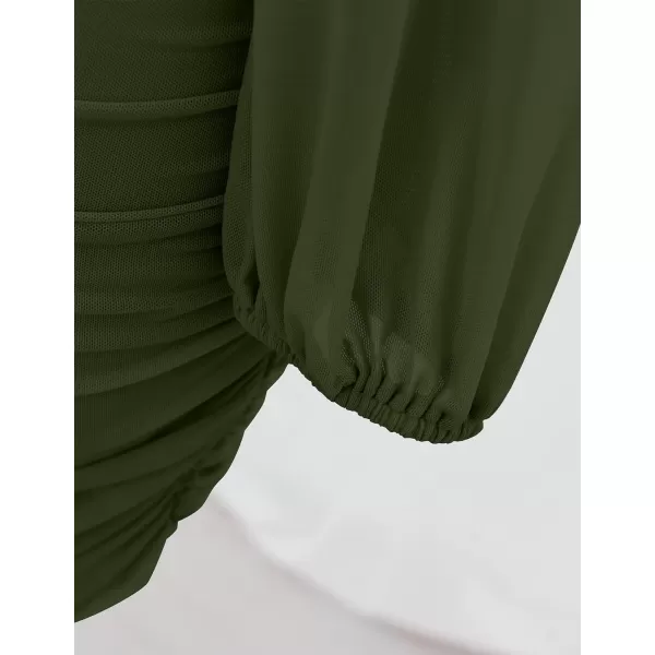 imageZESICA Womens Sexy V Neck Ruched Bodycon Mini Dress Puff Long Sleeve Cocktail Wedding Party Short DressesArmygreen