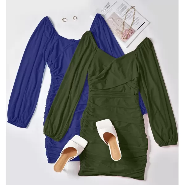 imageZESICA Womens Sexy V Neck Ruched Bodycon Mini Dress Puff Long Sleeve Cocktail Wedding Party Short DressesArmygreen
